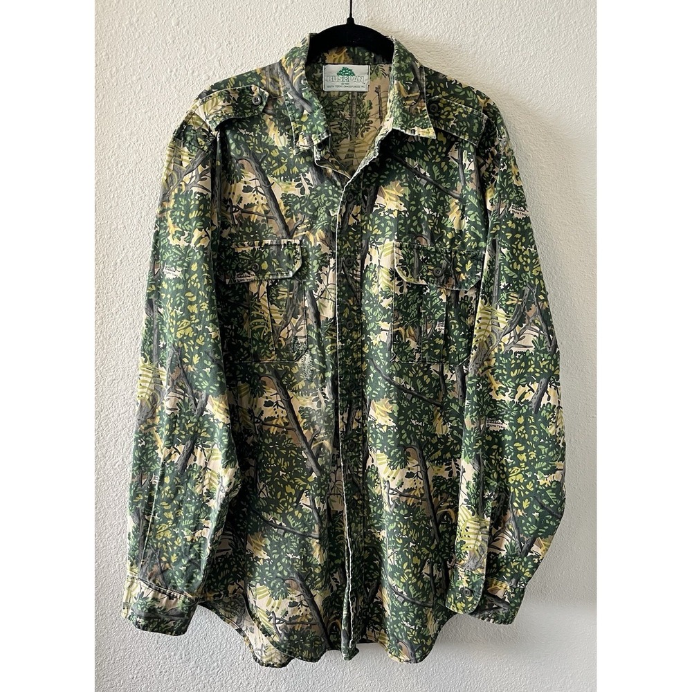 Vintage Bushlan Camo Shirt Mens Large Tree Button Up 1980s Hunting Outdoor Flaw
